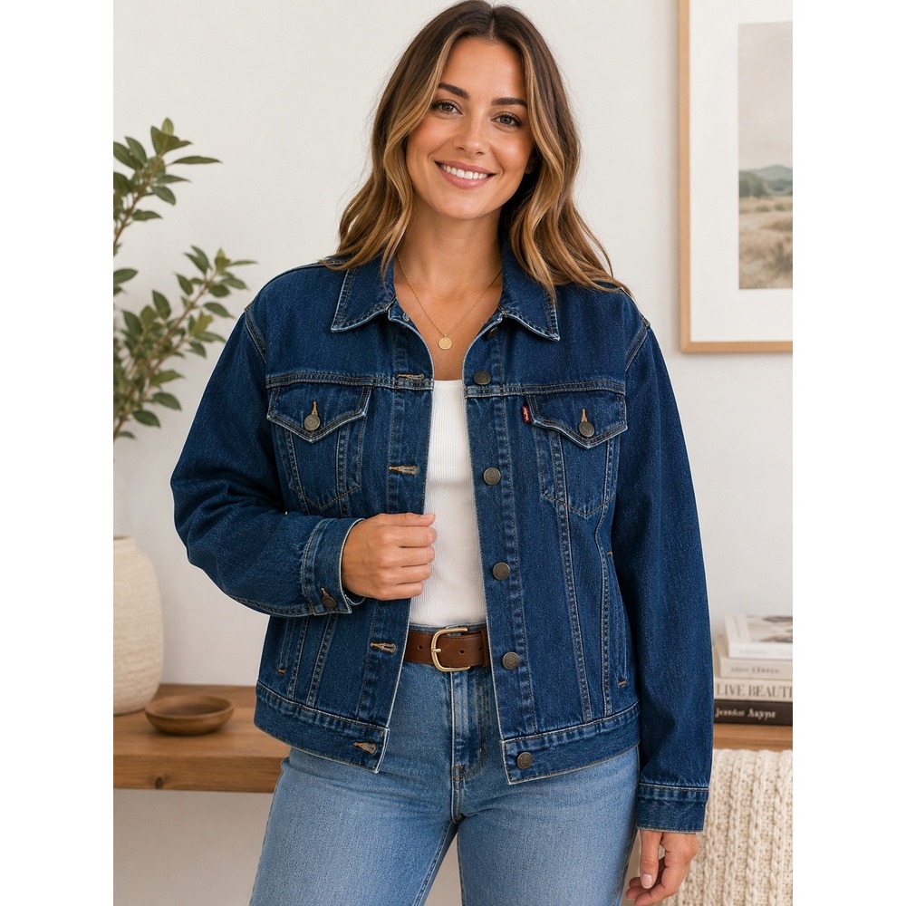 Levi's Women's Dark Wash Denim Trucker Jacket Blue Jean Coat Size XL
